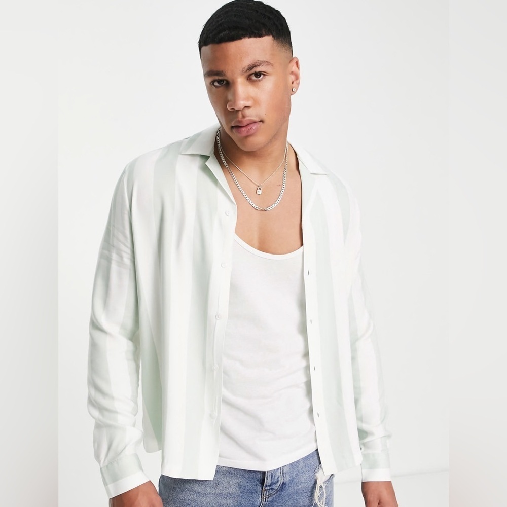 River Island Striped Green and White Stripe Button Down